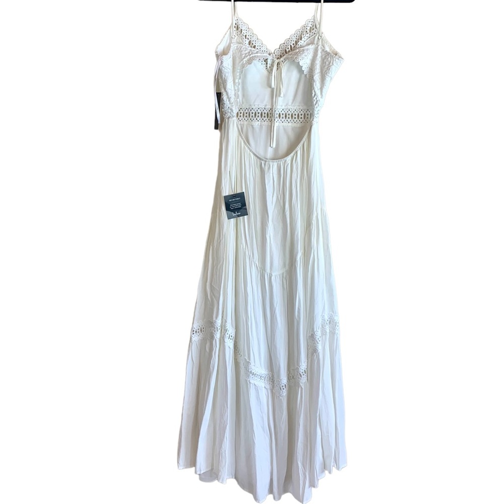 Lulu’s Sleeveless Backless Lace Cutout Maxi Dress White Rayon Boho Bridal - Picture 9 of 14